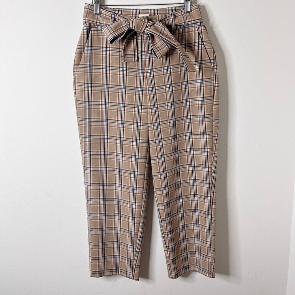 A New Day Womens Trouser Pants 2 High-Rise Brown Plaid Belted Tie Waist Straight - Picture 3 of 8